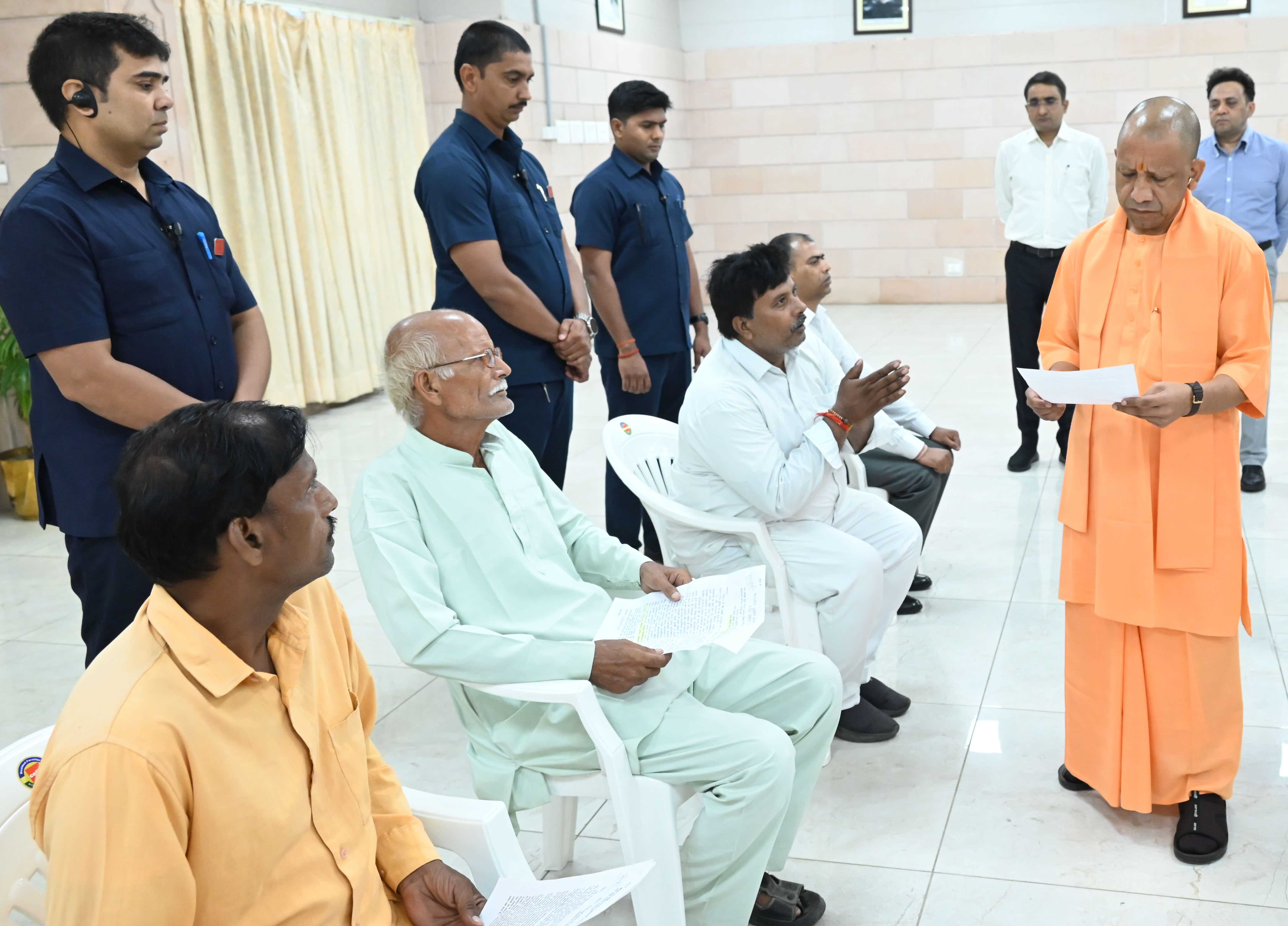 Hon'ble Chief Minister Yogi Adityanath ji listening to the problems of the people in the Janta Darshan organized at his official residence 5-Kalidas Marg, Lucknow on June 29, 2026 and giving instructions to the concerned officials to resolve the public problems on priority basis.